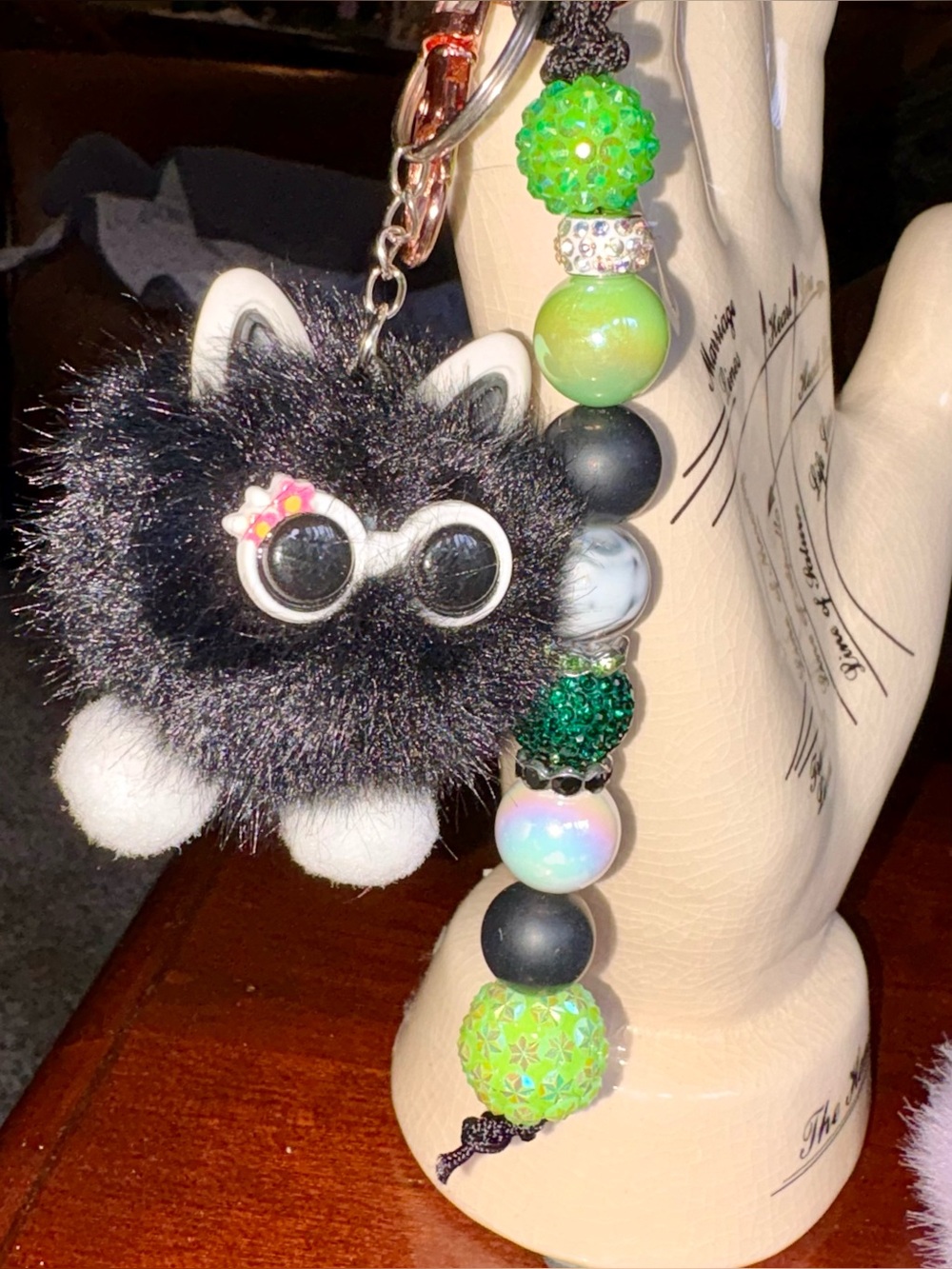 Black Furry Monster Keychain with Green black and white bubble bead bag charm